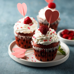 Homemade Red Velvet cupcakes with fresh raspberry