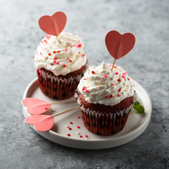 Homemade Red Velvet cupcakes with fresh raspberry