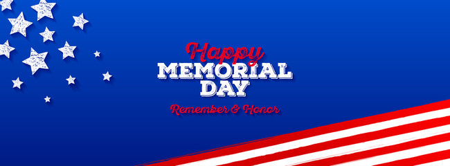 Memorial day - National american holiday. Type design and hand drawn stars and stripes. Design for greeting card, banner, invitation and etc. Vector illustration.