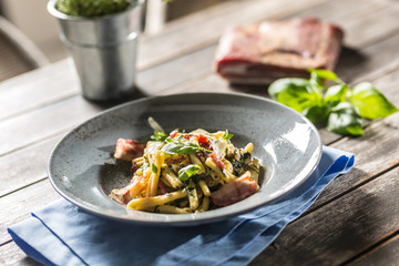 Pasta casarecce with bacon pancetta parmesan cheese and herbs basil. Italian or mediterranean cuisine.