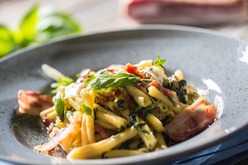 Pasta casarecce with bacon pancetta parmesan cheese and herbs basil. Italian or mediterranean cuisine.