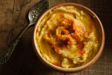 Greek Fava a traditional savoury dish made of yellow split peas with onions garlic olive oil and paprika