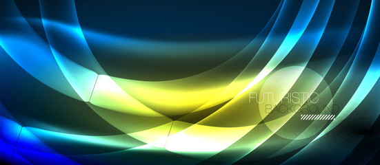 Glowing abstract wave on dark, shiny motion, magic space light. Techno abstract background