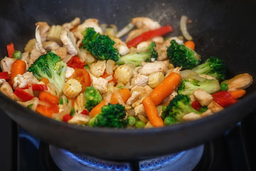 turkey meat stew with fresh vegetables cooked in a wok pan