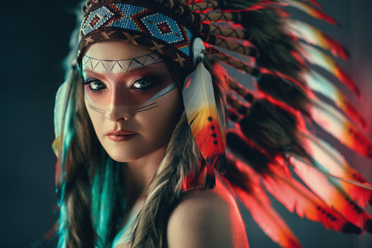 Indian Woman With Colorful Tribal Feather Hat