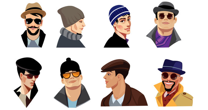 men in hats, vector image of male heads in different headdresses