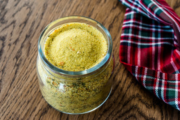 Vegeta Seasoning Spices Condiment with Dehydrated Carrot Parsley Celery Parsnips and Salt with or without Glutamate in Jar / Glass Bowl.