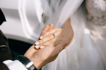 Obraz na płótnie Canvas wedding theme, holding hands newlyweds