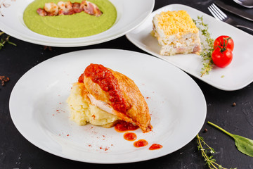 Chicken Breast Mashed Potato Topped With Tomato Sauce