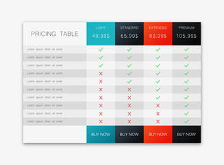 Web pricing table design for business .Vector illustration.