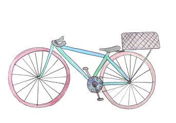 watercolor bike with a basket. raster illustration for design