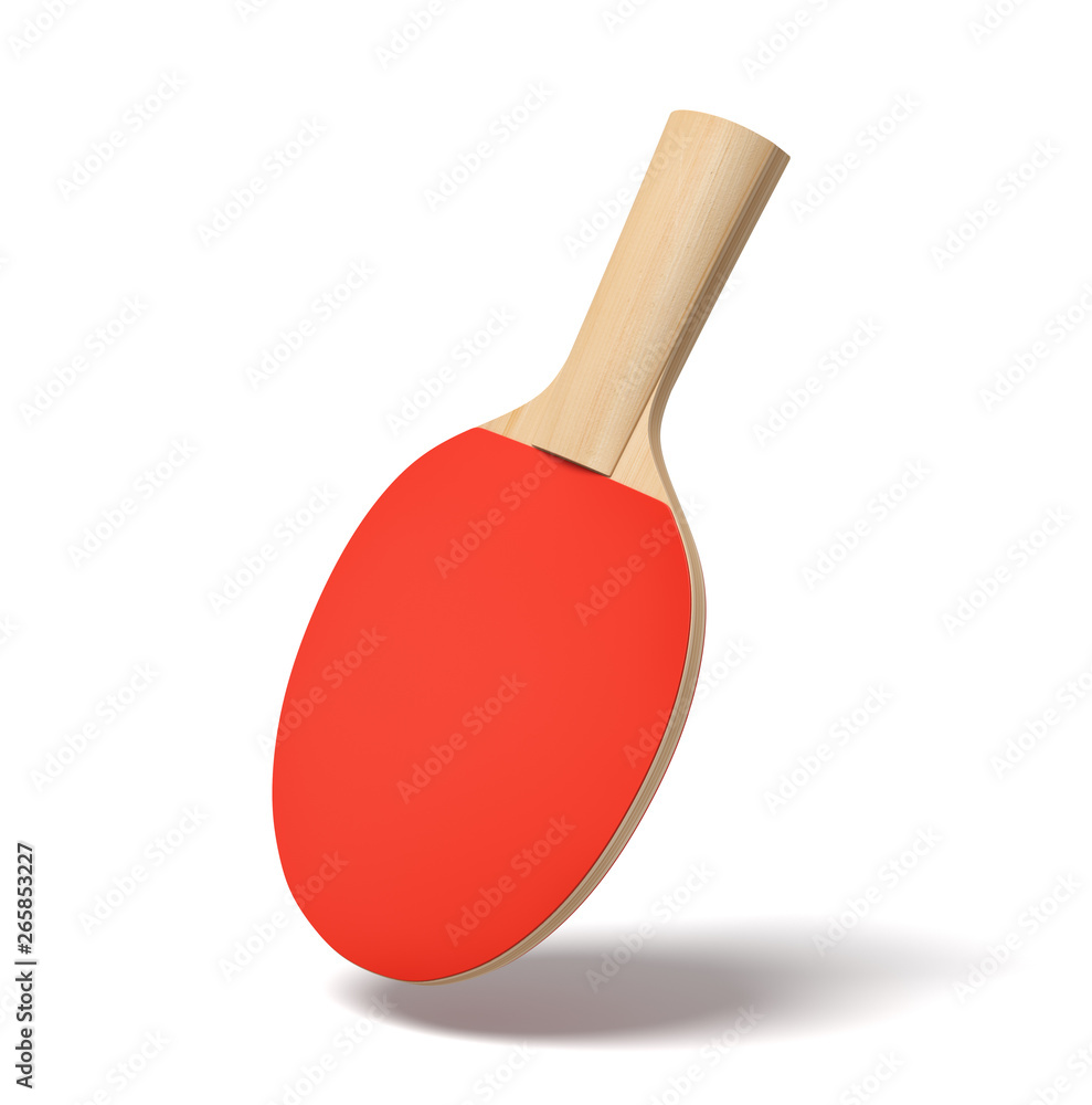 Poster 3d close-up rendering of ping pong racket with wooden handle and red rubber on white background.