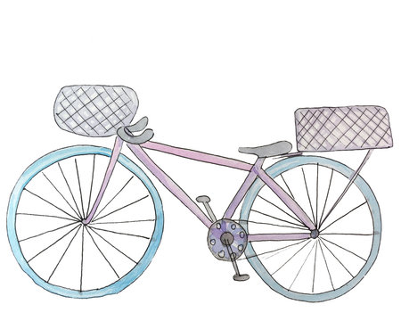watercolor bike with two basket. raster illustration for design