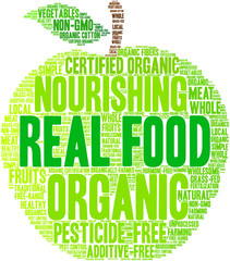 Real Food Word Cloud on a white background. 