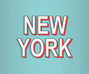 New York. America Travel Card. Lettering Greeting card. Modern Pop Art Typography. Grunge dots effects. Trendy orange, pink color with bright green blue color typography. Travel touristic minimalist