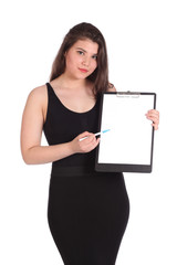 Cute girl is standing with a folder in hands on a white background. Isolated