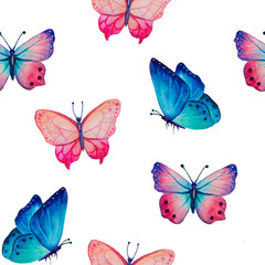 Obraz na płótnie Canvas Seamless pattern with bright watercolor butterflies. Hand painted butterflies design perfect for fabric textile or scrapbooking
