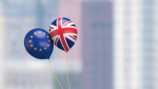 Two balloons with UK and EU flags moving toward each other and fighting,  expressing confrontation and Brexit in funny lovely way, on blur background. 3D rendering. animation.