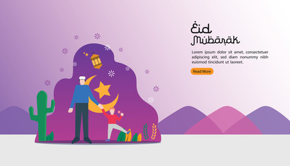 islamic illustration concept for Happy eid mubarak or ramadan. man and son are holding hand. template for web landing page, banner, presentation, social, poster, ad, promotion or print media.