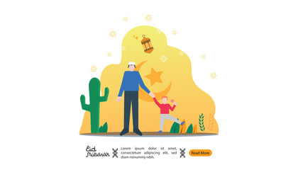 islamic illustration concept for Happy eid mubarak or ramadan. man and son are holding hand. template for web landing page, banner, presentation, social, poster, ad, promotion or print media.