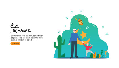islamic illustration concept for Happy eid mubarak or ramadan. man and son are holding hand. template for web landing page, banner, presentation, social, poster, ad, promotion or print media.