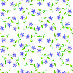 Watercolor seamless floral pattern of small blue flowers on white background. Seamless pattern for printing on paper, textile, fabric.