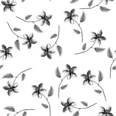 Watercolor seamless floral pattern of small black and white flowers with leaves on white background. Seamless pattern for printing on paper, textile, fabric.