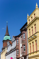 Colorful houses and church tower in Schwerin, Germany