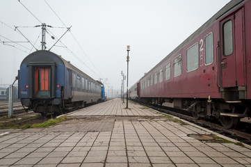 Fototapeta na wymiar Trains waiting in a train station. A misty day