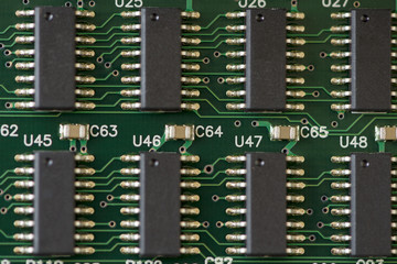 Close-up of a motherboard. Circuit with electronic components