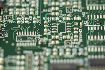 Close-up of a motherboard. Circuit with electronic components