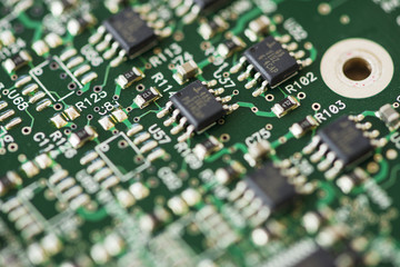 Close-up of a motherboard. Circuit with electronic components
