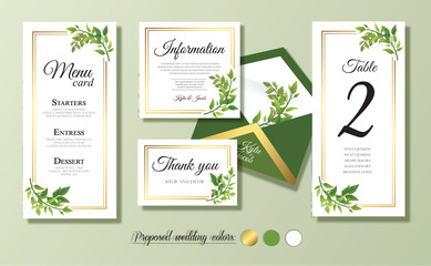 Wedding menu card, information, thank you, table number, envelope. Floral design with green watercolor leaves, foliage greenery decorative frame print. Vector elegant cute rustic greeting, invite.