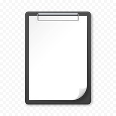 Black clipboard with white sheet on transparent background. Template design blank mock up. Concept for education, business, planning or infographics.