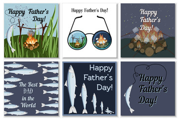 Happy Fathers Day greeting cards set for dad fisherman with campfire, roasting marshmallows, glasses, catching fish and text.