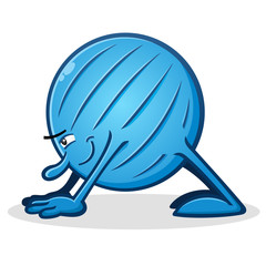 A blue rubber yoga ball character doing a perfect downward facing dog pose during yoga class