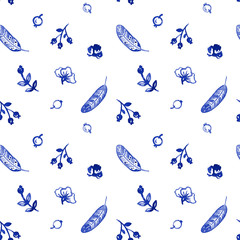Watercolor seamless pattern with flowers, berries, feathers