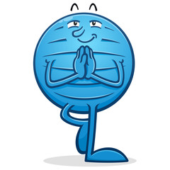 A blue rubber yoga ball character doing a tree pose during yoga class