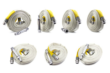 Collection set fire extinguisher and fire hose reel inside the building on isolated a white background.