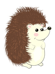 Cool little hedgehog in cartoon style wearing blue t-shirt with red spot on gray background