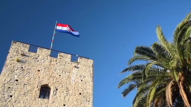 Flag on Fortress of Korcula Town on Korcula Island in Croatia 