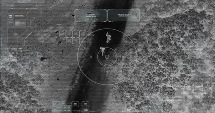 Drone with thermal night vision view of terrorist squad walking with weapons