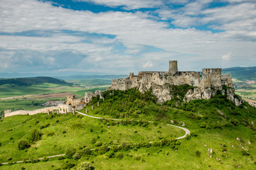 Fototapeta na wymiar Aerial view of Spis (Spiš, Spišský) castle, second biggest castle in Middle Europe, Unesco Wold Heritage, Slovakia