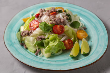 Spicy Thai salad with ground beef and rice noodles