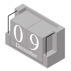 December 9th date on a single day calendar. Gray wood block calendar present date 9 and month December isolated on white background. Holiday. Season. Vector isometric illustration