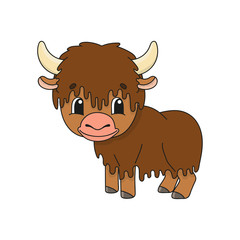 Brown yak. Cute character. Colorful vector illustration. Cartoon style. Isolated on white background. Design element. Template for your design, books, stickers, cards, posters, clothes.