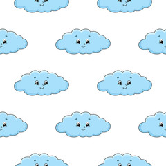 Happy cloud. Colored seamless pattern with cute cartoon character. Simple flat vector illustration isolated on white background. Design wallpaper, fabric, wrapping paper, covers, websites.
