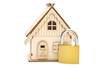 Model of house with padlock on white.