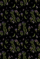 Seamless pattern with spring field lilac flowers on black background