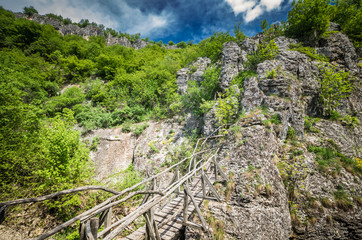 Fototapeta na wymiar Emen Canyon, Bulgaria. Wood bridge over the river into a luxuriant forest